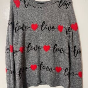 cupcakes & cashmere Gray Sweater with Red Heart Pattern